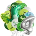 Dinosaur birthday party decoration set with green dinosaur and silver number 4 balloon - Number 4 Style