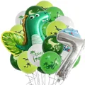 Detailed set of dinosaur party balloons featuring a large green dino and silver number 7 - Number 7 Style