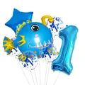 Blue anglerfish foil balloon set with number 1 and confetti balloons for 1st birthday - Lantern Fish Style (1)