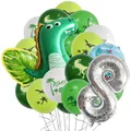 Detailed dinosaur 8th birthday party set with green T-Rex and silver number 8 balloons - Number 8 Style