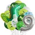 Detailed dinosaur 9th birthday party kit with large foil balloons and tropical leaves - Number 9 Style