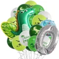 Green dinosaur party balloon set with leaves and silver number zero balloon - Number 0 Style