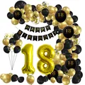 Black and gold 18th birthday party balloon arch with Happy Birthday banner - 16th Birthday Theme Style