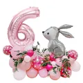 Pink number 6 balloon with gray Easter bunny and pink latex balloons for 6th birthday party - Rose Gold Rabbit (Number 6)