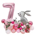 Pink number 7 balloon with grey Easter bunny and pastel latex balloon base decoration - Rose Gold Rabbit (Number 7)