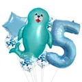 5th birthday balloon set with teal cartoon seal and blue number five foil balloons - Sea Lion Style (5)