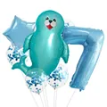 Blue seal cartoon foil balloon set with number 7 and confetti latex balloons for kids - Sea Lion Style (7)