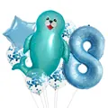 Blue cartoon seal and star foil balloons with blue number 8 for 8th birthday party decor - Sea Lion Style (8)