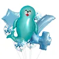 Blue number 4 balloon set with cute cartoon seal and blue confetti latex balloons - Sea Lion Style (4)