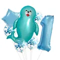 Blue seal animal foil balloon set with number one for first birthday ocean party decor - Sea Lion Style (1)