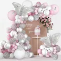 Pink and white balloon arch kit with large 3D silver butterfly balloons for first birthday - Silver Butterfly Decoration / Pink and Silver Combination