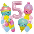 Kit de ballons chiffre 5 rose avec ballons en aluminium glace et cupcake enfant - Style Thème Numéro Cinq (Ensemble Bonbons Crème Glacée 5)