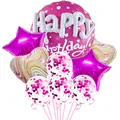 Set de globos Happy Birthday rosa con estrellas corazones de aluminio y confeti rosa - Rosa Roja
