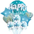 Set de globos Happy Birthday azul de 22 pulgadas con corazones jaspeados y lentejuelas - Azul Celeste