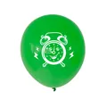 Vue détaillée d'un ballon en latex vert avec impression de réveil animé blanc - Ballon Style Vert