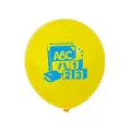Détail d'un ballon jaune de rentrée scolaire en latex avec motifs éducatifs bleus - Ballon Style Jaune
