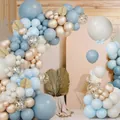Elegant dusty blue and gold balloon arch kit with palm leaves for birthday party decor - Foggy Blue Balloon Arch Kit