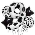 Lot de 5 ballons en aluminium à motif vache avec chiffre 9 et étoiles noires - Nombre 9 (nn007)