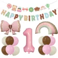 Morandi matte bow foil balloon set with Happy Birthday banner for 1st birthday party decor - Pink Digit One Theme