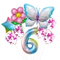 Detail view of butterfly, number 6, and flower foil balloons with confetti latex balloons - Number 6 Butterfly Kit