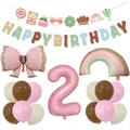 Matte bow foil balloon set with Happy Birthday banner for kids party decoration - Pink Digit Two Theme