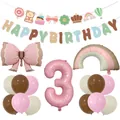 Matte bow balloon set with Happy Birthday banner and rainbow foil for party decor - Pink Digit Three Theme