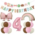 Detailed flat lay of matte bow foil balloon and Morandi birthday party decoration set - Pink Digit Four Theme