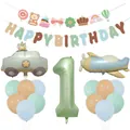 Olive green 1st birthday balloon set with bear banner, car, plane and number balloons - Olive Green Number One Set