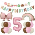 Detailed set of matte bow foil balloons and happy birthday banner for party decor - Pink Digit Five Theme