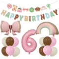 Birthday decoration set with macaron banners, bow balloons, and rainbow foil balloons - Pink Digit Six Theme