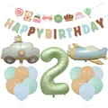 Olive green 2nd birthday balloon set with bear banner, car and plane foil balloons - Olive Green Number Two Set