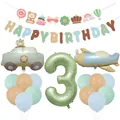 Olive green number 3 balloon set with airplane car foil balloons for birthday decor - Olive Green Number Three Set