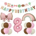 Detailed set of Morandi bow foil balloons and happy birthday banners for party decor - Pink Digit Eight Theme