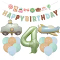 Olive green number 4 foil balloon set with bear banner and airplane car decorations - Olive Green Number Four Set