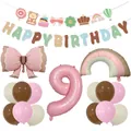 Detailed set of matte bow foil balloon, birthday banner, and colorful party decorations - Pink Digit Nine Theme