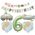 Dettaglio palloncino numero 6 verde oliva con striscione orsetto e kit decorazioni - Set Numero Sei Verde Oliva