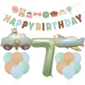 Set dettagliato con palloncino numero 7 e decorazioni a tema auto e aereo verde oliva - Set Numero Sette Verde Oliva