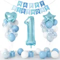 Blaues Deko-Set zum 1. Geburtstag mit Nummer-1-Ballon und Happy Birthday-Girlande - Perlmuttblaues Set