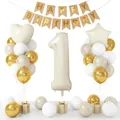 Boho 1. Geburtstag Deko-Set mit cremefarbenem Zahlenballon und Kraftpapier-Banner - Milchweiß Set