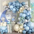 Blue balloon arch kit with matte macaron blue cream and chrome silver balloons for baby shower - Retro Blue Balloon Chain