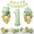 Salbeigrünes Deko-Set zum 1. Geburtstag mit Zahl 1 Ballon, Banner und Goldballons - Olivgrünes Set