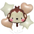 5-piece cute animal aluminum balloon set with monkey heart and star shapes for birthday party - Monkey Caramel