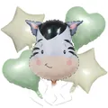 5pcs animal foil balloon set with zebra, green hearts and cream stars for kids birthday - Zebra Olive Green