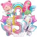 Dettaglio set palloncini fata farfalla con palloncino gigante numero 5 sfumato arcobaleno - Tema 5° Compleanno (Kit 5)
