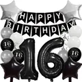 Black and gold 16th Happy Birthday party decorations with balloons and hanging banner - 16th Birthday Theme (Black Silver) / Black/Silver