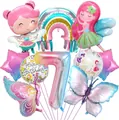 Dettaglio decorazioni compleanno fata con palloncini arcobaleno e farfalla - Tema 7° Compleanno (Kit 7)