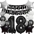 18th Birthday Party Decor Set with Black and Silver Balloons and Happy Birthday Banner - 18th Birthday Theme (Black Silver) / Black/Silver