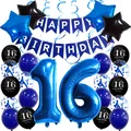 Kit déco 16ème anniversaire bleu et noir avec ballons et bannière Joyeux Anniversaire - Ensemble 16e Anniversaire