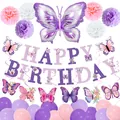 Purple butterfly birthday party set with banner, paper poms, and latex balloons - Purple Butterfly Banner Style