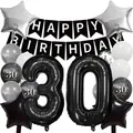 Detail of 30th birthday party set with black and silver balloons and banners - 30th Birthday Theme (Black Silver) / Black/Silver